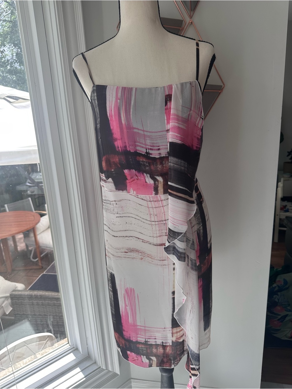 VINTAGE Y2K FRENCH CONNECTION Pink & Black Abstract Spaghetti Strap Dress Size 8